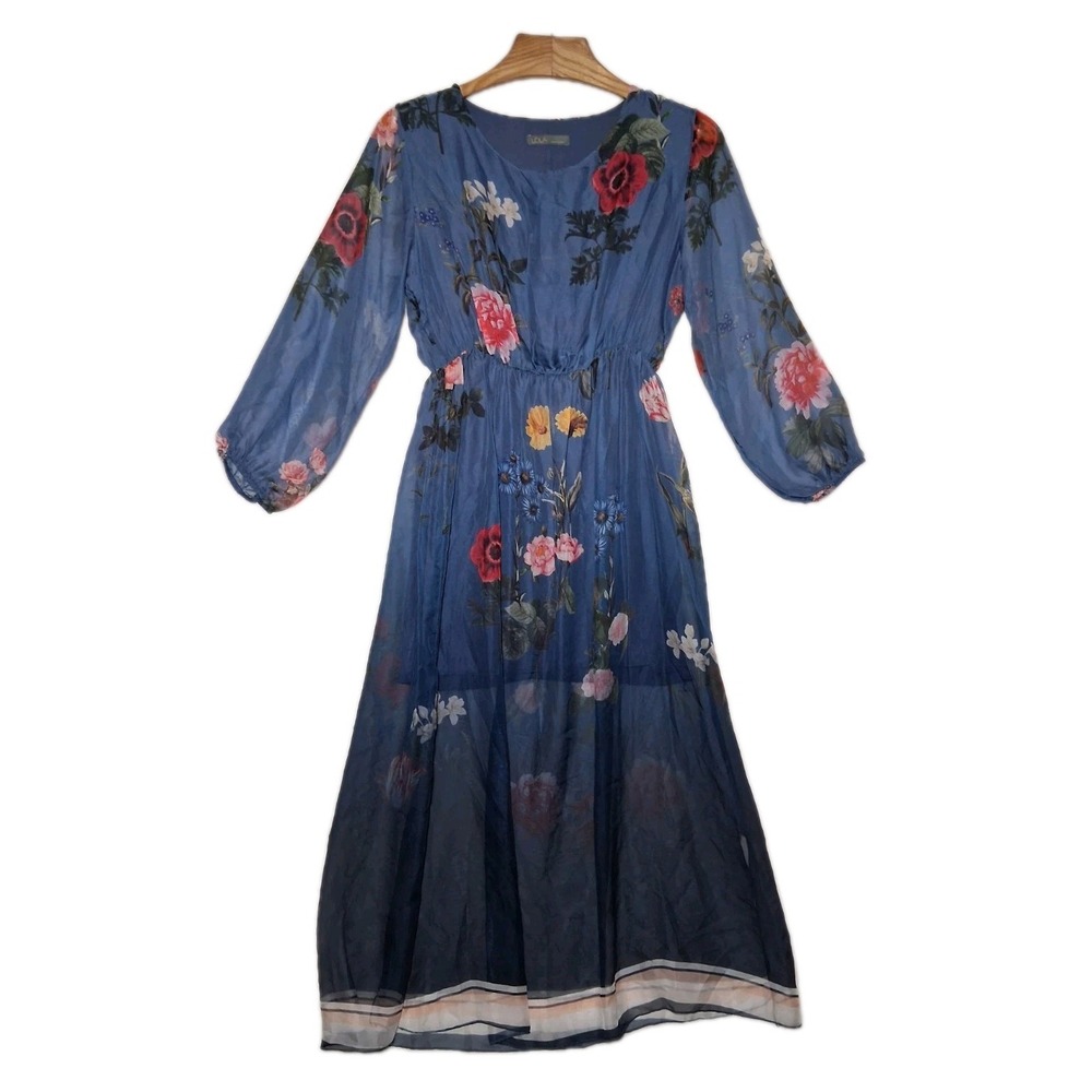 LOLA Made in Italy Sheer Maxi Dress Womens Size M Blue Floral Knee-Length Lining